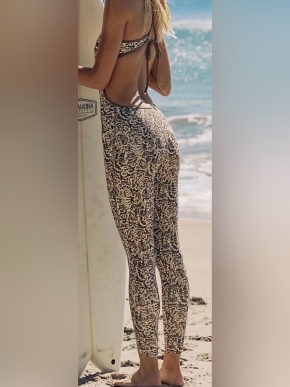 Seea Backless Brown & Cream Printed halter long pant Jumpsuit surf guard med